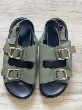 ALOHAS Olive Green Leather Double-Buckle Sandals with Gold Hardware